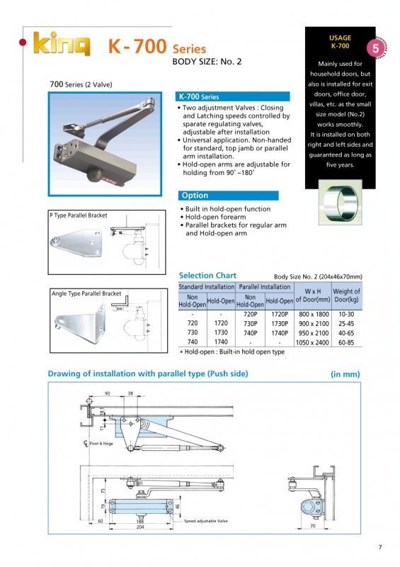 K700 NSK 600 Series Factory Door Closer Specification Additional Info